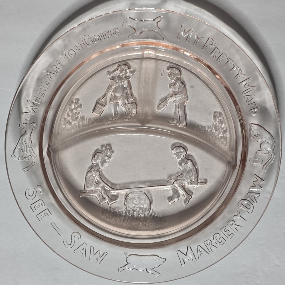 Vintage Pink "See-Saw Margery Daw" Tiara Indiana Glass Divided Child Plate